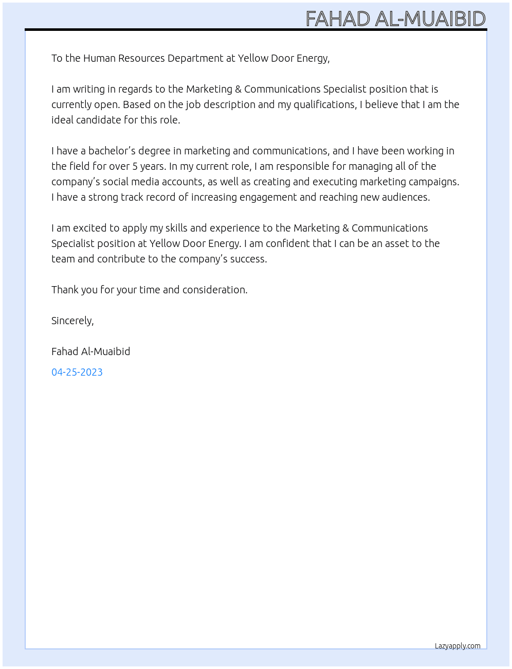 Marketing & Communications Specialist At Yellow Door Energy Cover Letter
