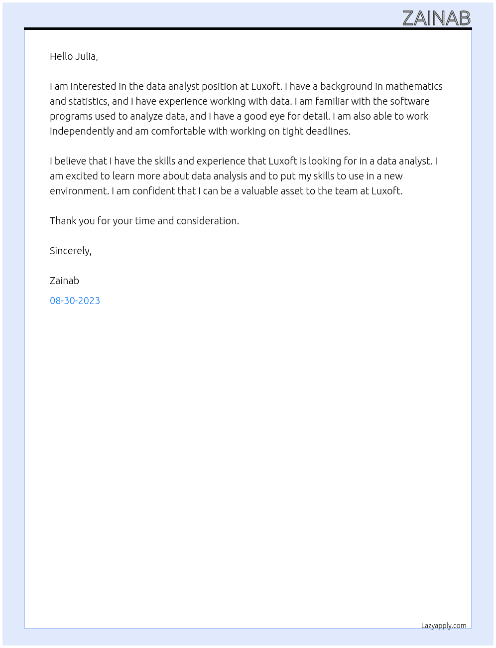 data analyst At Luxoft Cover Letter
