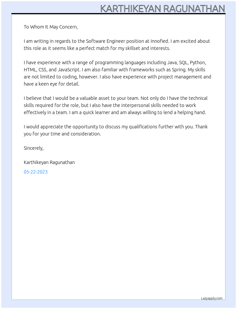 Software Engineer  At Innofied  Cover Letter