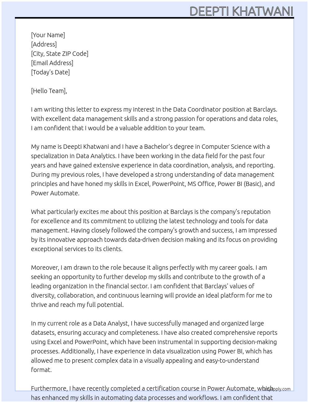 Data Coordinator At Barclays Cover Letter