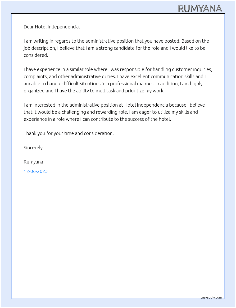 administrative At hotel independencia Cover Letter