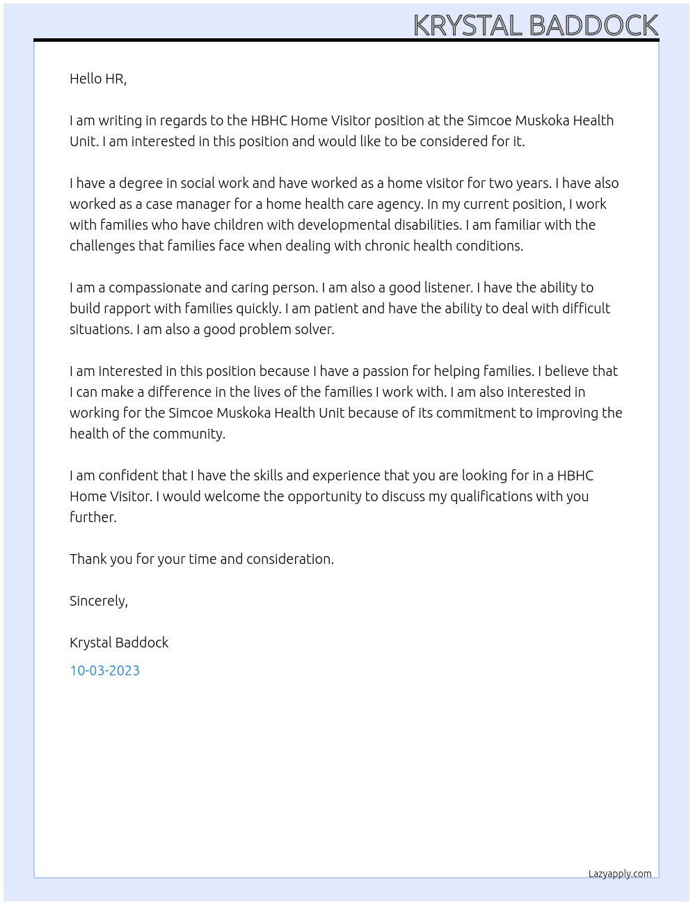 HBHC Home Visitor At Simcoe Muskoka Health Unit Cover Letter