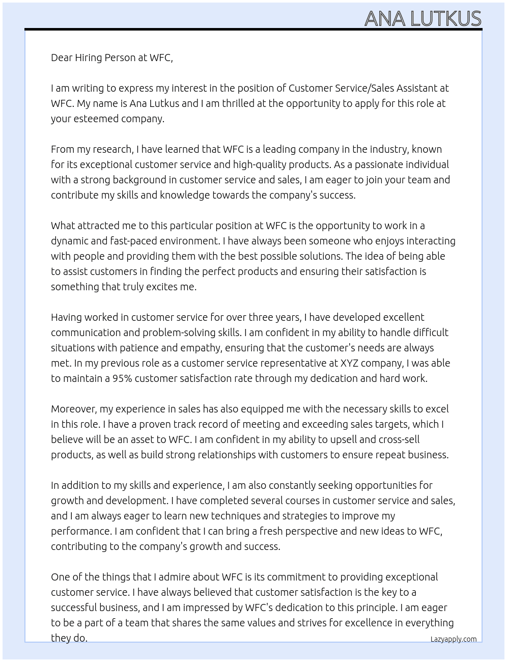 Costumer service/ Sales assistant  At WFC Cover Letter