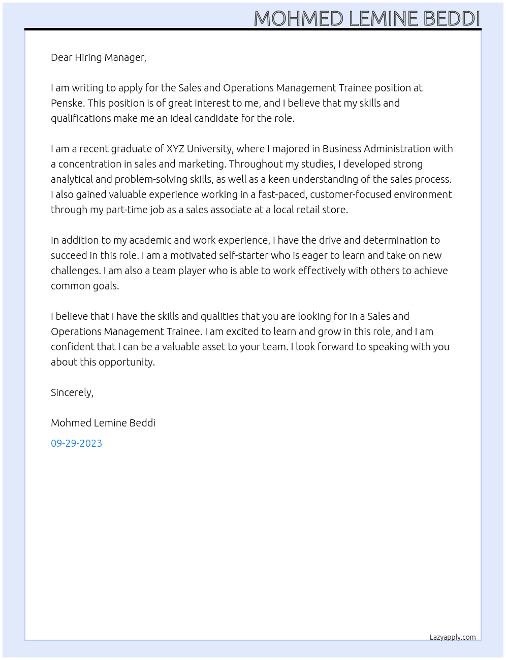  Sales and Operations Management Trainee At penske Cover Letter