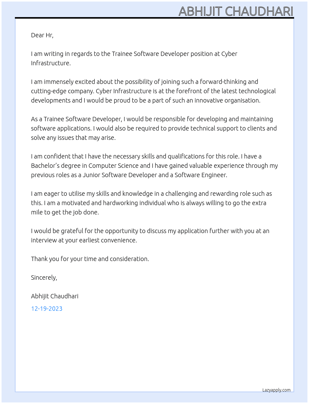 𝐓𝐫𝐚𝐢𝐧𝐞𝐞 𝐒𝐨𝐟𝐭𝐰𝐚𝐫𝐞 𝐃𝐞𝐯𝐞𝐥𝐨𝐩𝐞𝐫 At Cyber Infrastructure Cover Letter