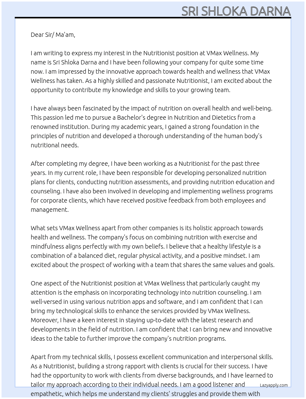 Nutritionist At VMax Wellness Cover Letter