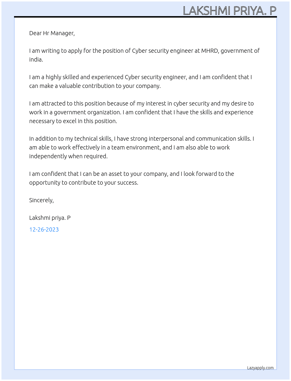Cyber security engineer At MHRD, government of india Cover Letter