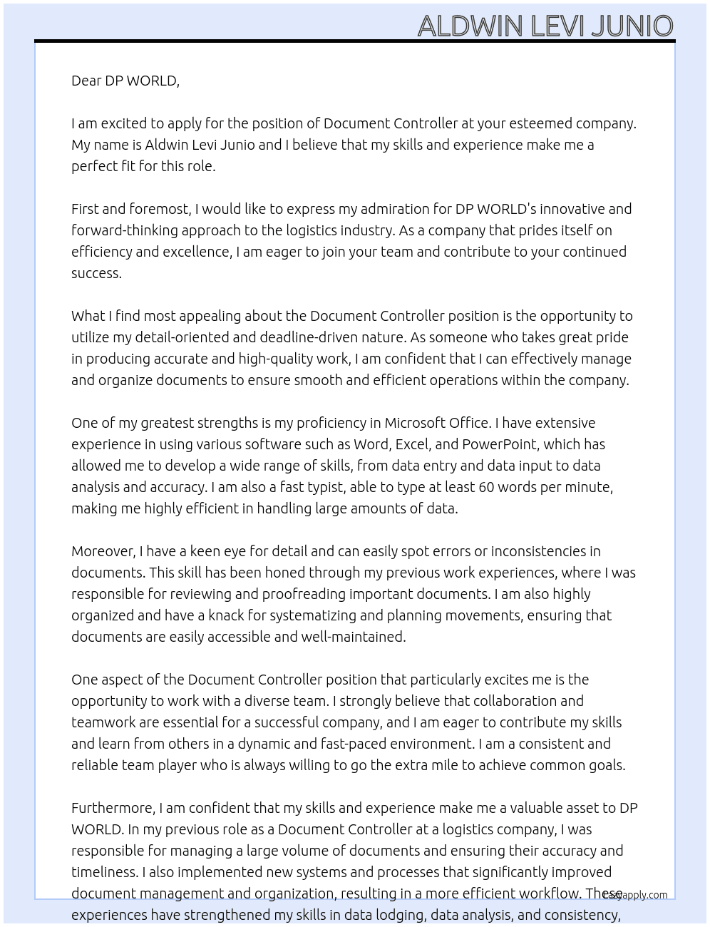 DOCUMENT CONTROLLER At DP WORLD Cover Letter