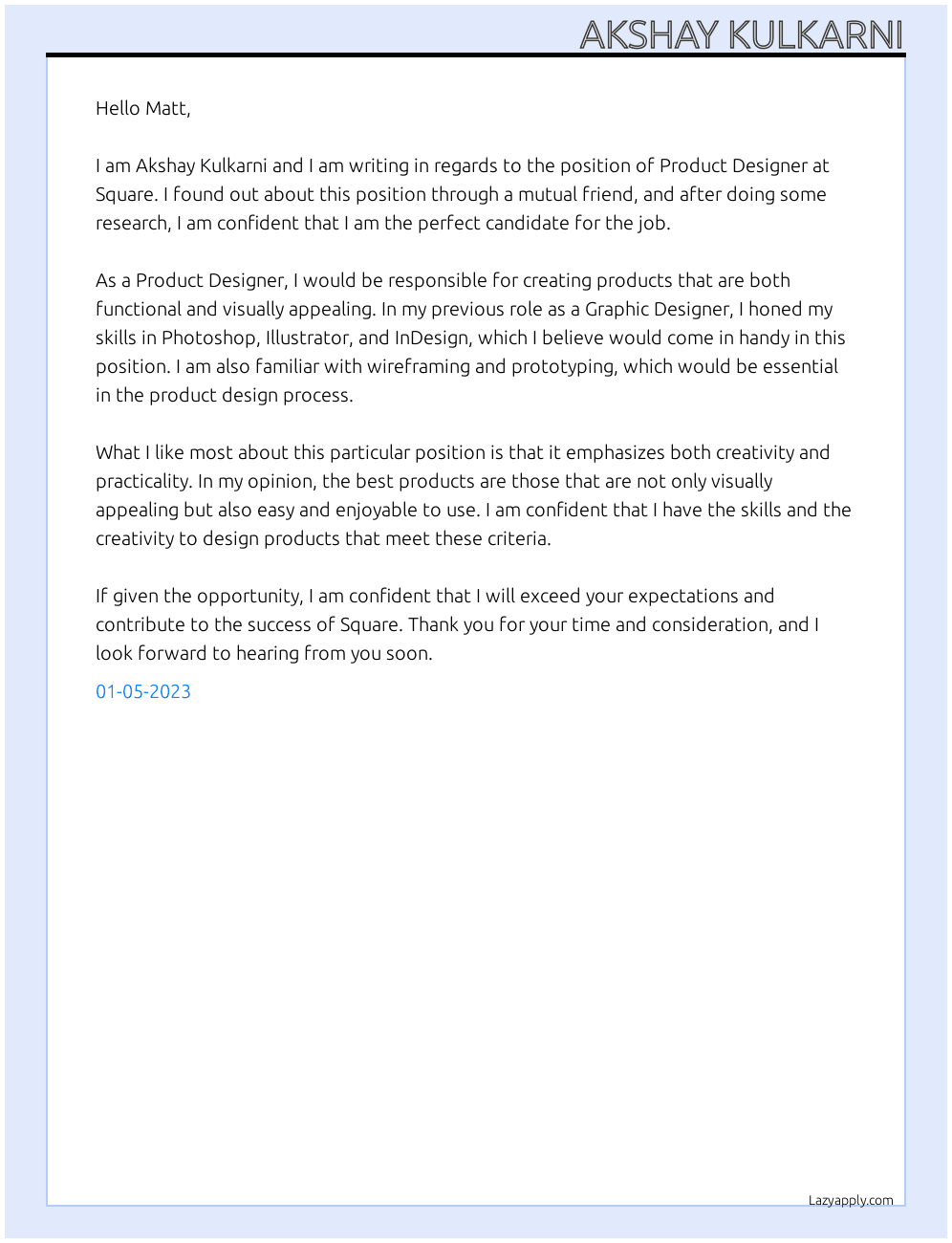 Product Designer At Square Cover Letter