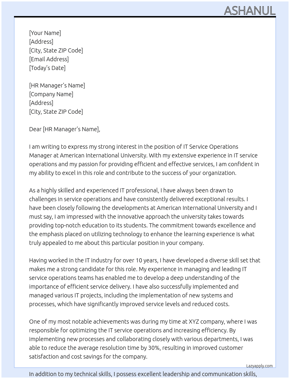 IT Service Operations Manager At  American International University Cover Letter