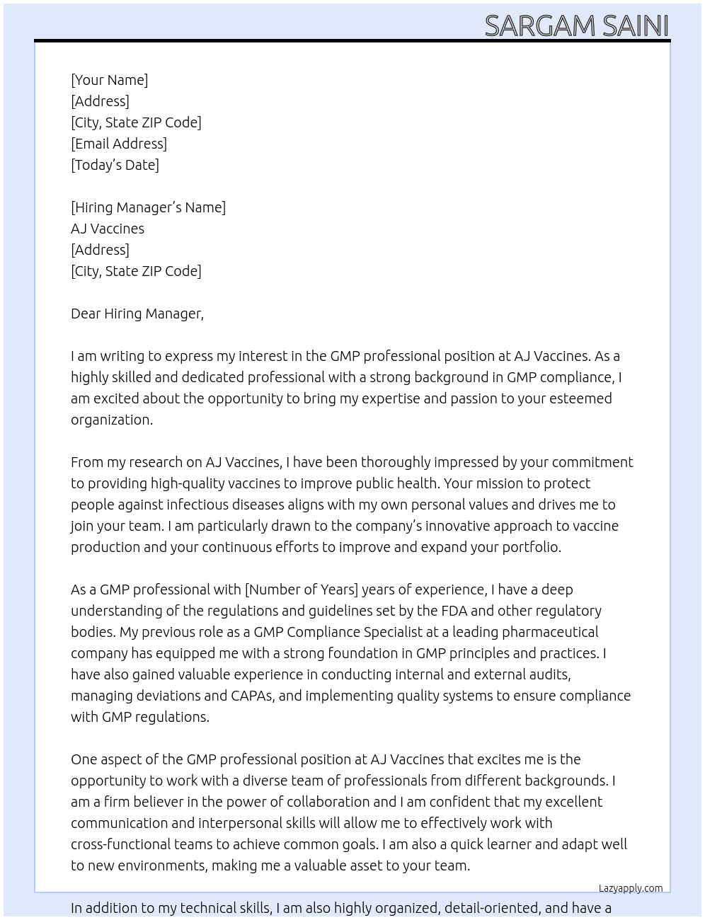 GMP professional  At AJ Vaccines Cover Letter