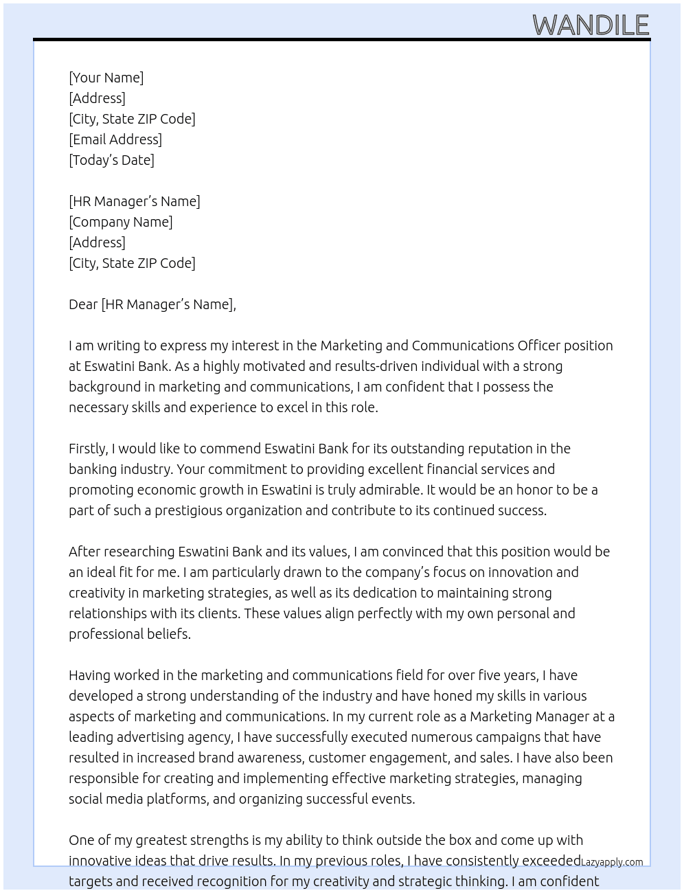 marketing and communications officer At Eswatini Bank Cover Letter