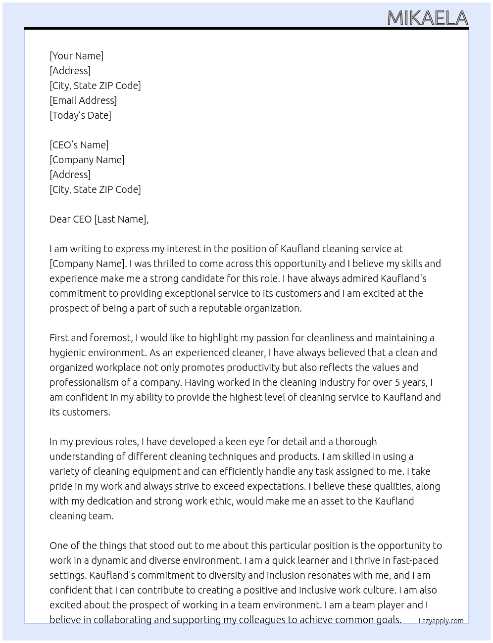 Kaufland cleaning service At Kaufland Cover Letter