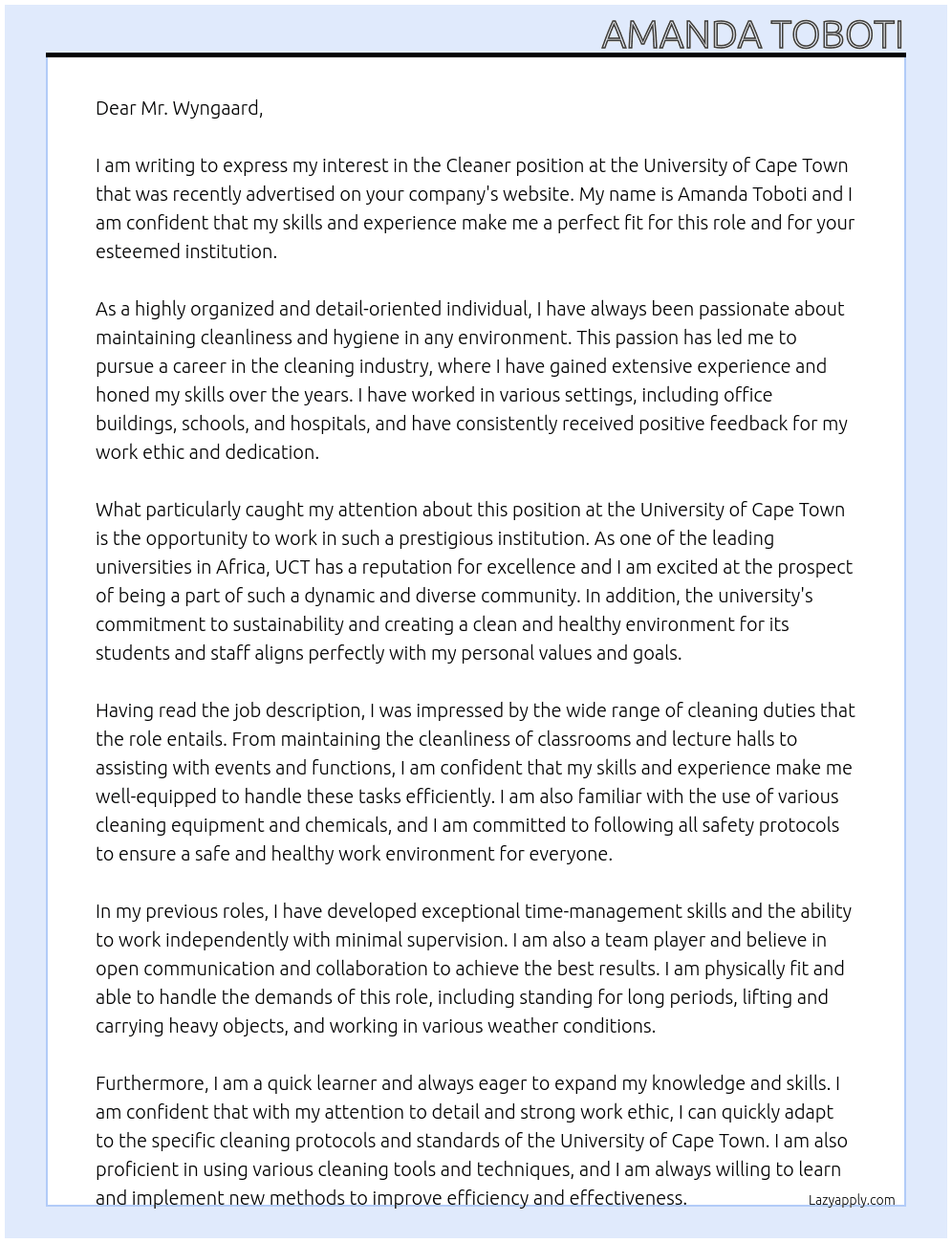 Cleaner  At University of Cape town  Cover Letter