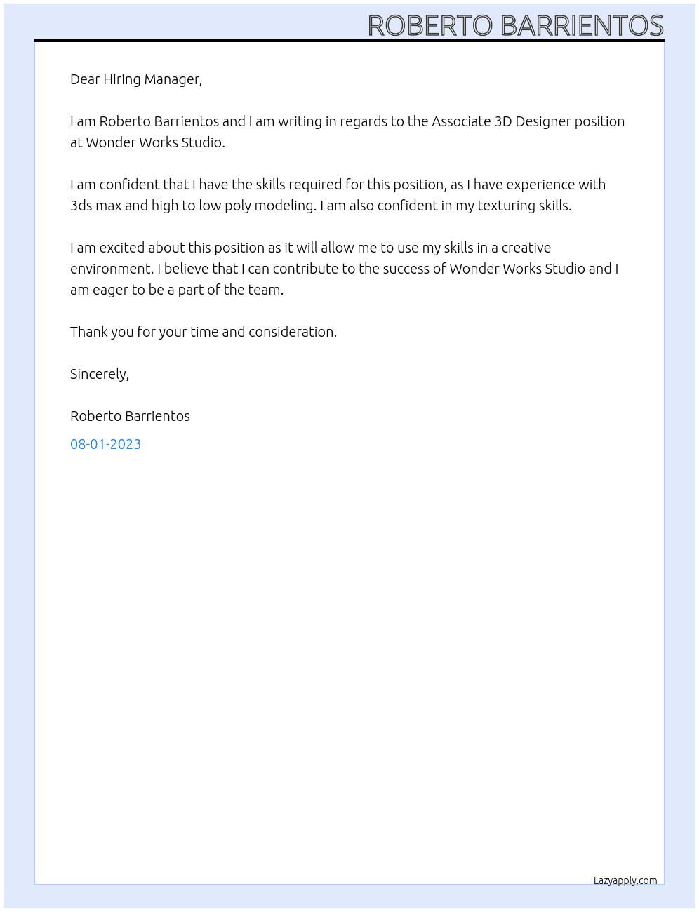 Associate 3D Designer At Wonder Works Studio Cover Letter