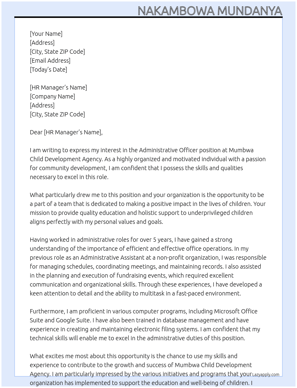 Administrative officer At mumbwa chiled development agency Cover Letter