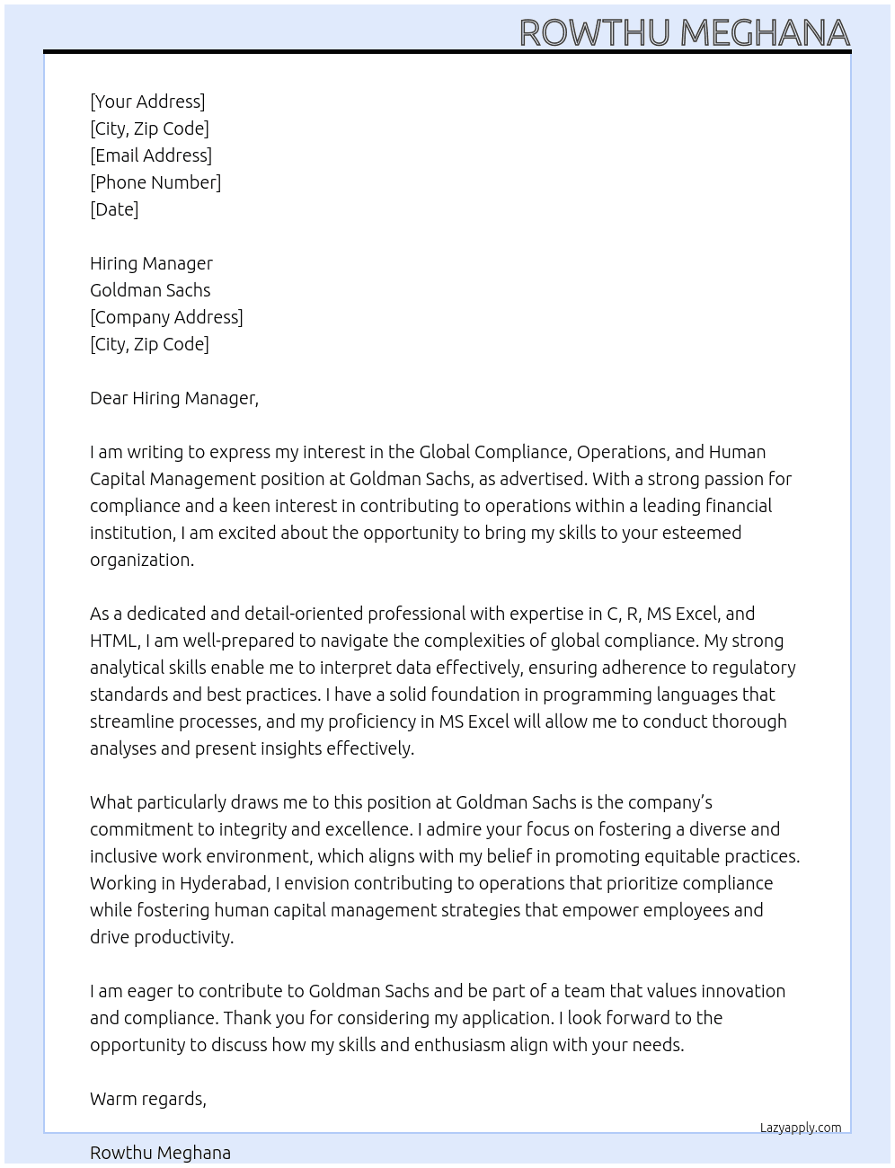 Cover letter for global compliance, operations, human capital management - LazyApply