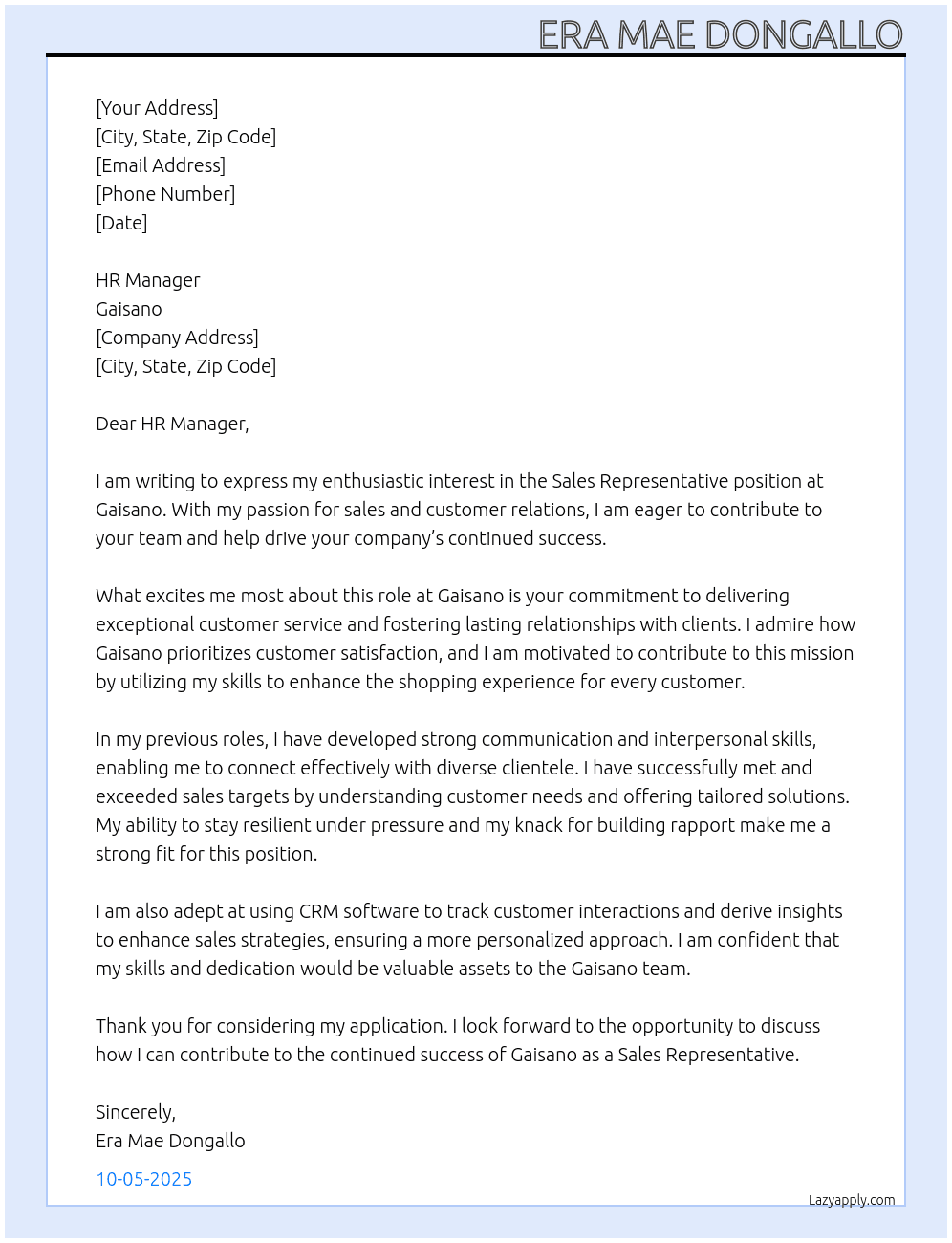 Sales Representative  At Gaisano Cover Letter