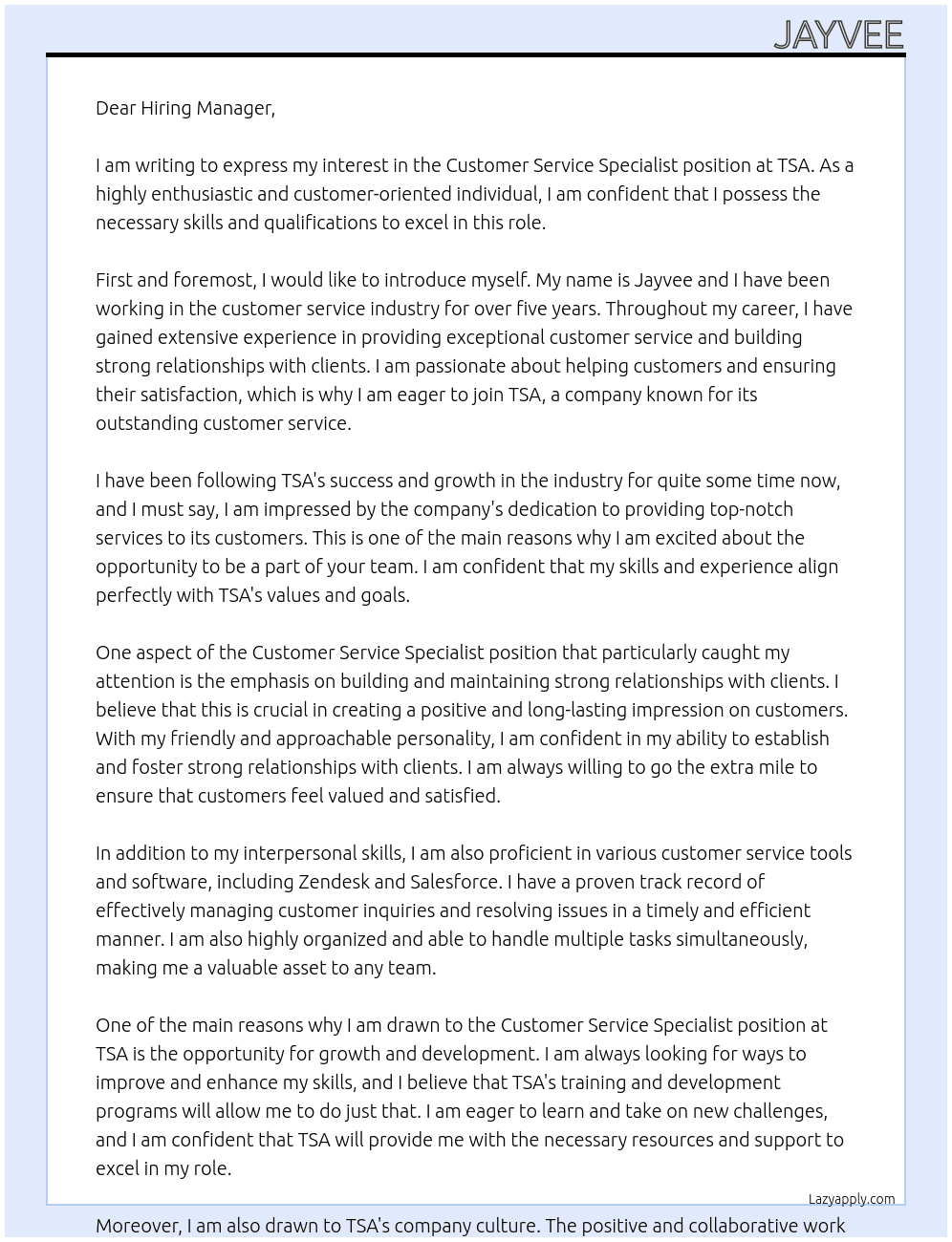 Customer Service Specialist At TSA Cover Letter