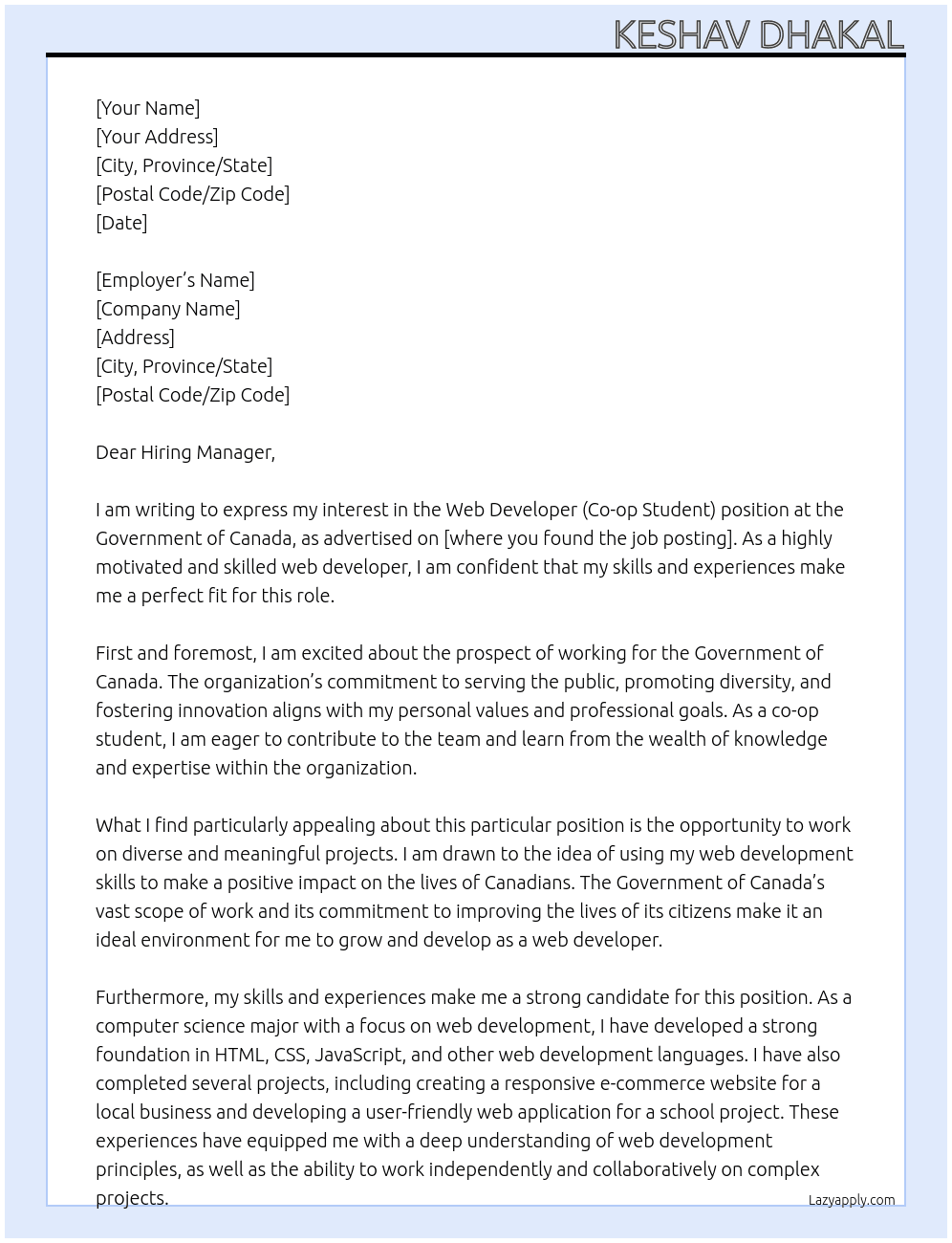Web Developer (Co-op Student) At Government of Canada Cover Letter
