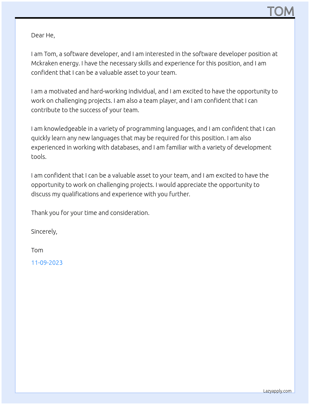 Software developer At Mckraken energy Cover Letter