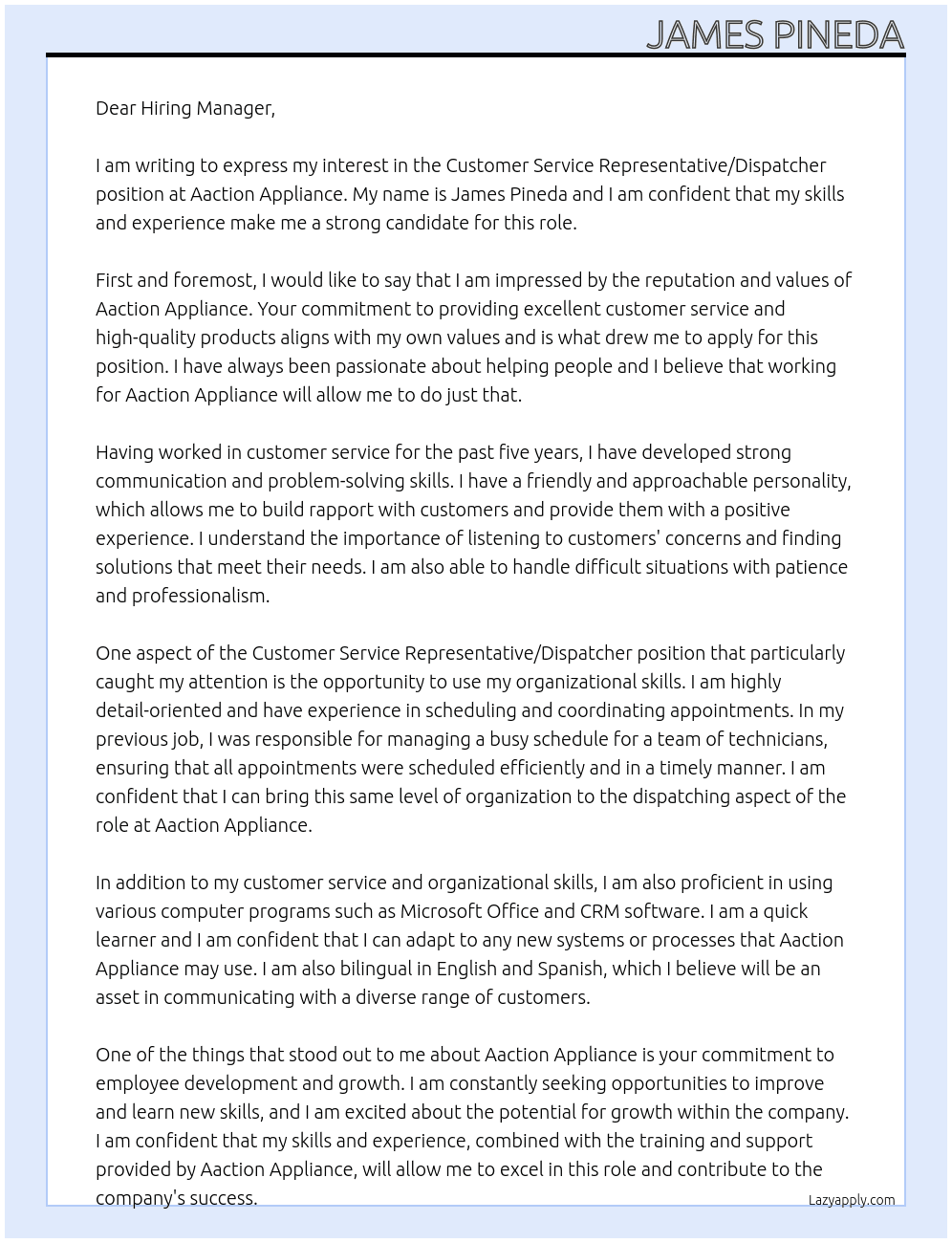 Customer Service Representative/Dispatcher At Aaction Appliance   Cover Letter