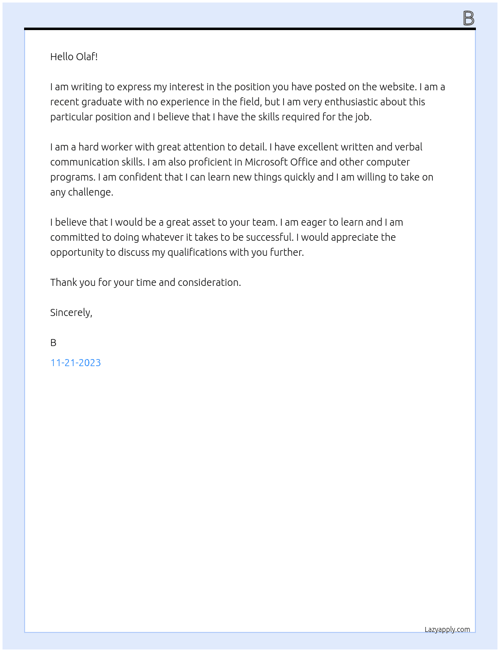 no experience At g Cover Letter