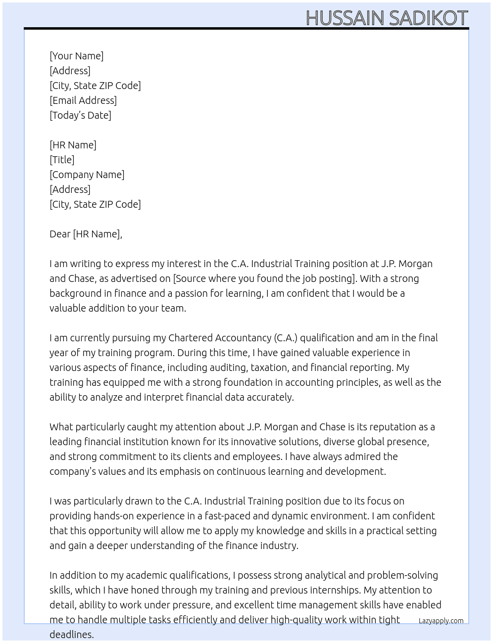 C.A. Industrial Training At J.P. Morgan and Chase Cover Letter