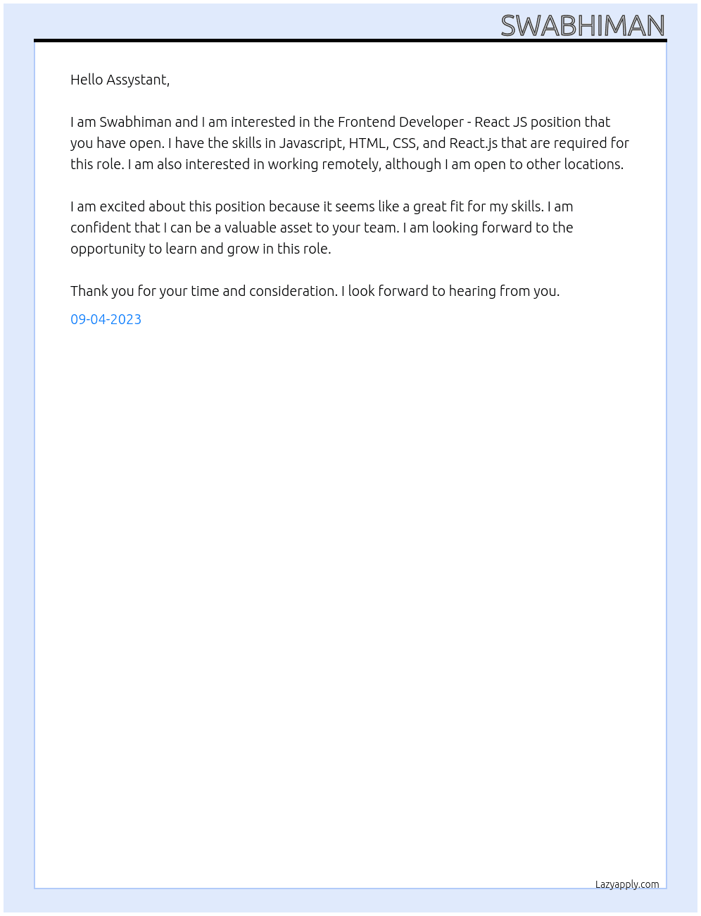 Frontend Developer - React JS At Assystant Cover Letter