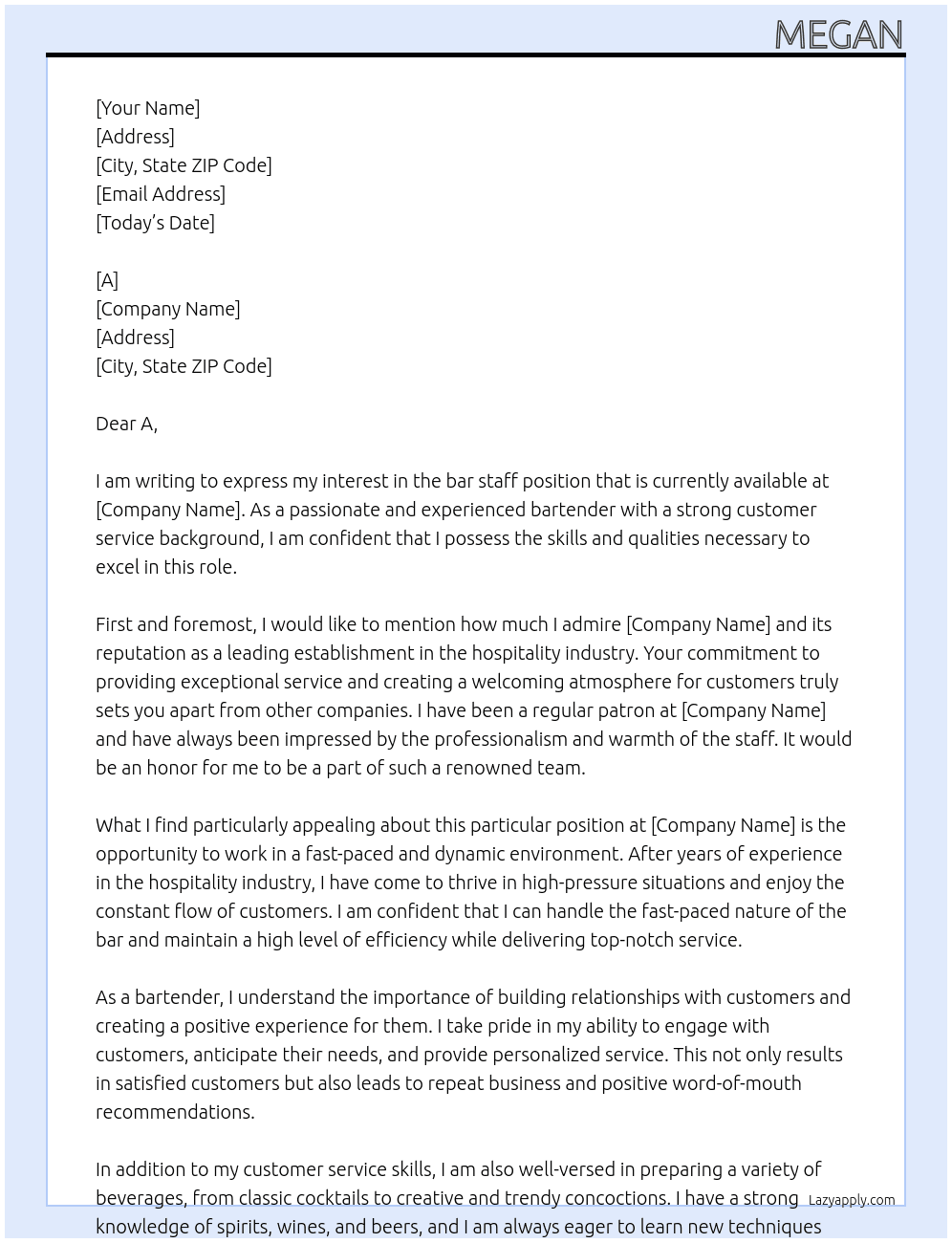 Bar staff At A Cover Letter
