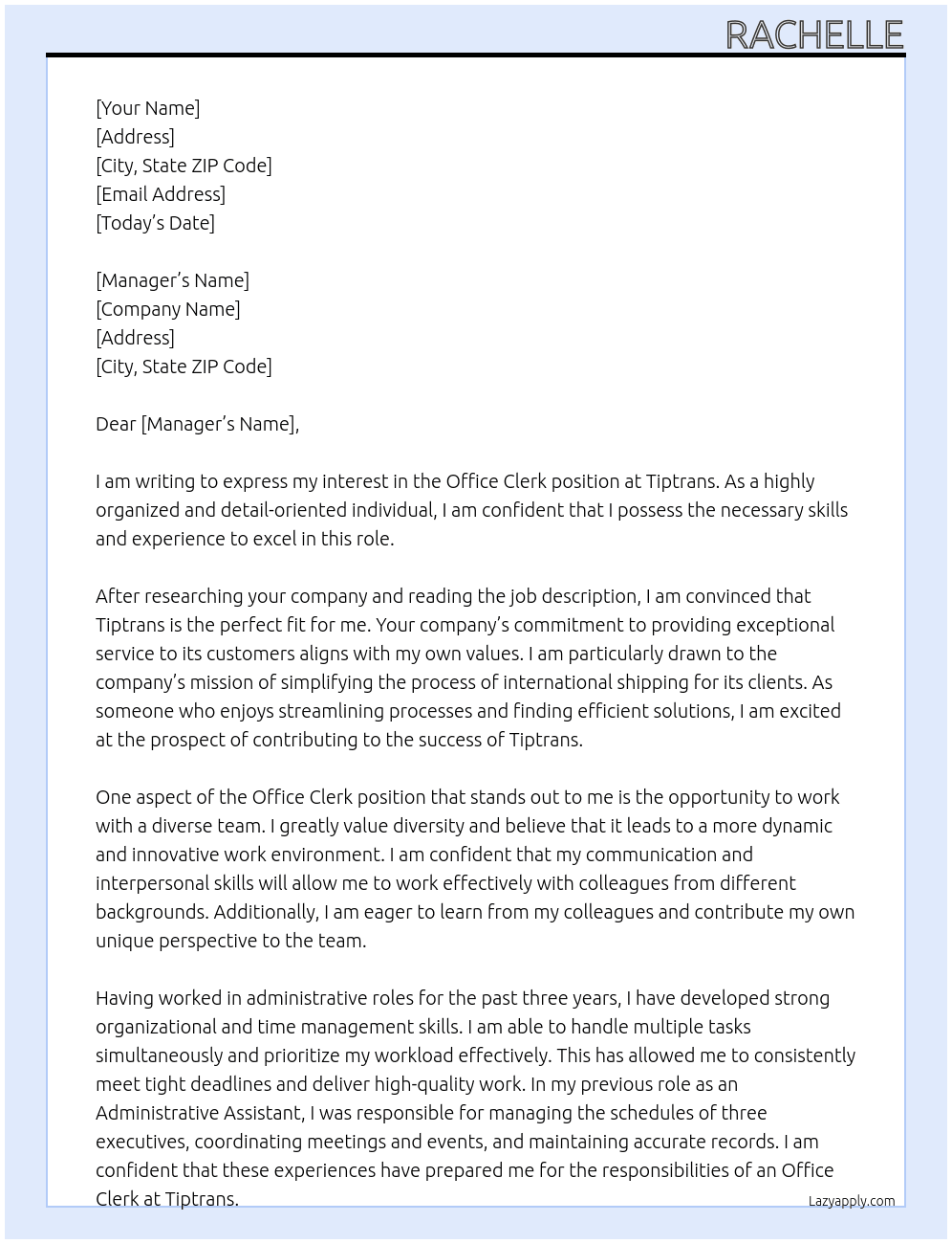 office clerk At tiptrans Cover Letter