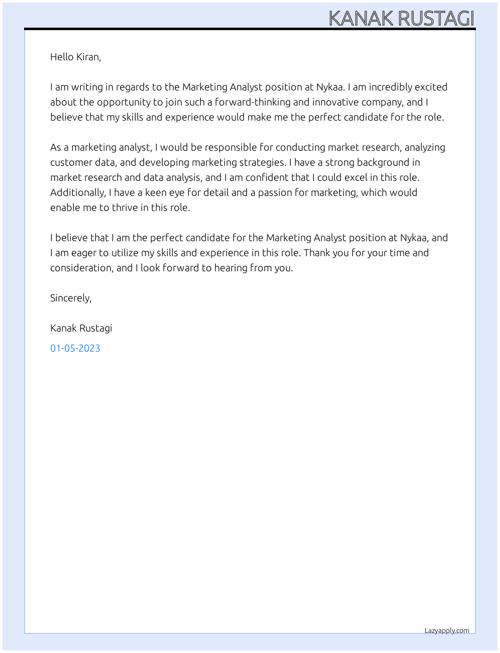 Marketing Analyst At Nykaa Cover Letter
