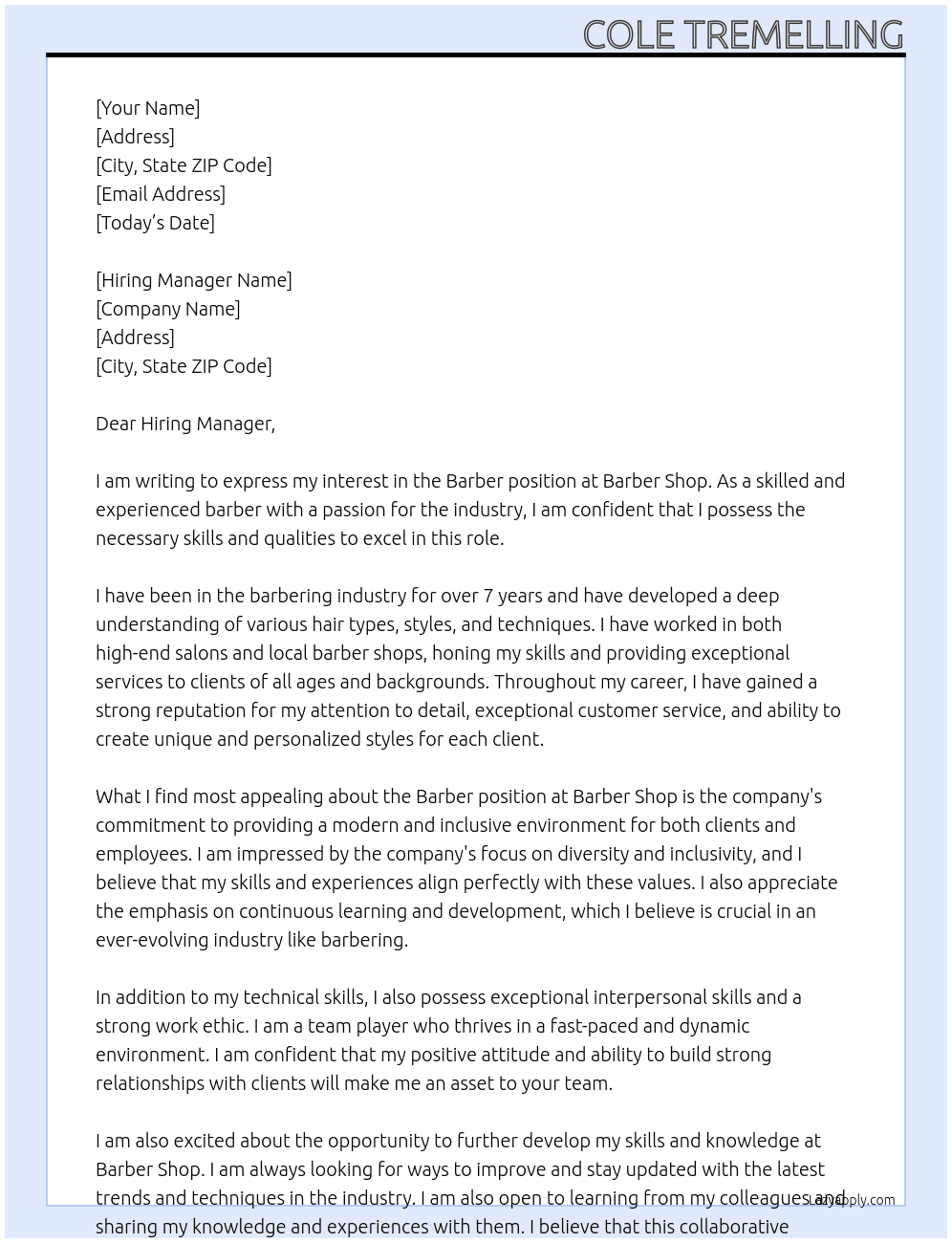 Barber At Barber Shop Cover Letter