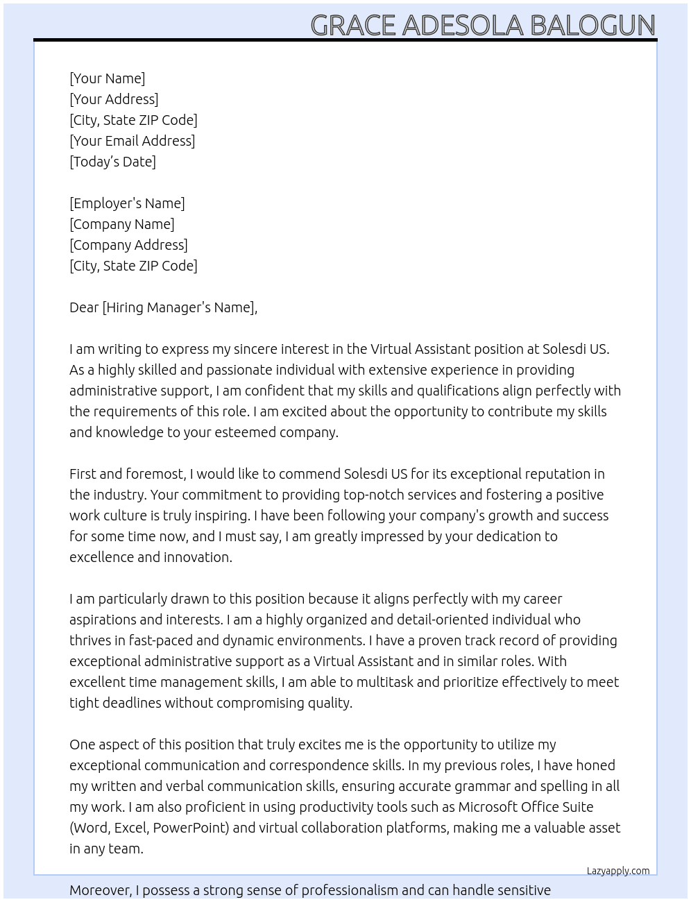 Virtual Assistant At Solesdi US Cover Letter