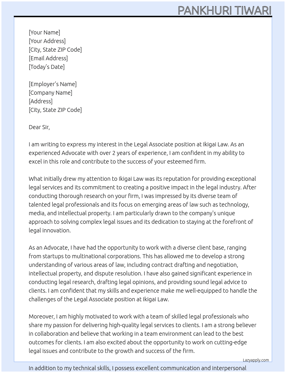 Legal Associate At Ikigai Law Cover Letter