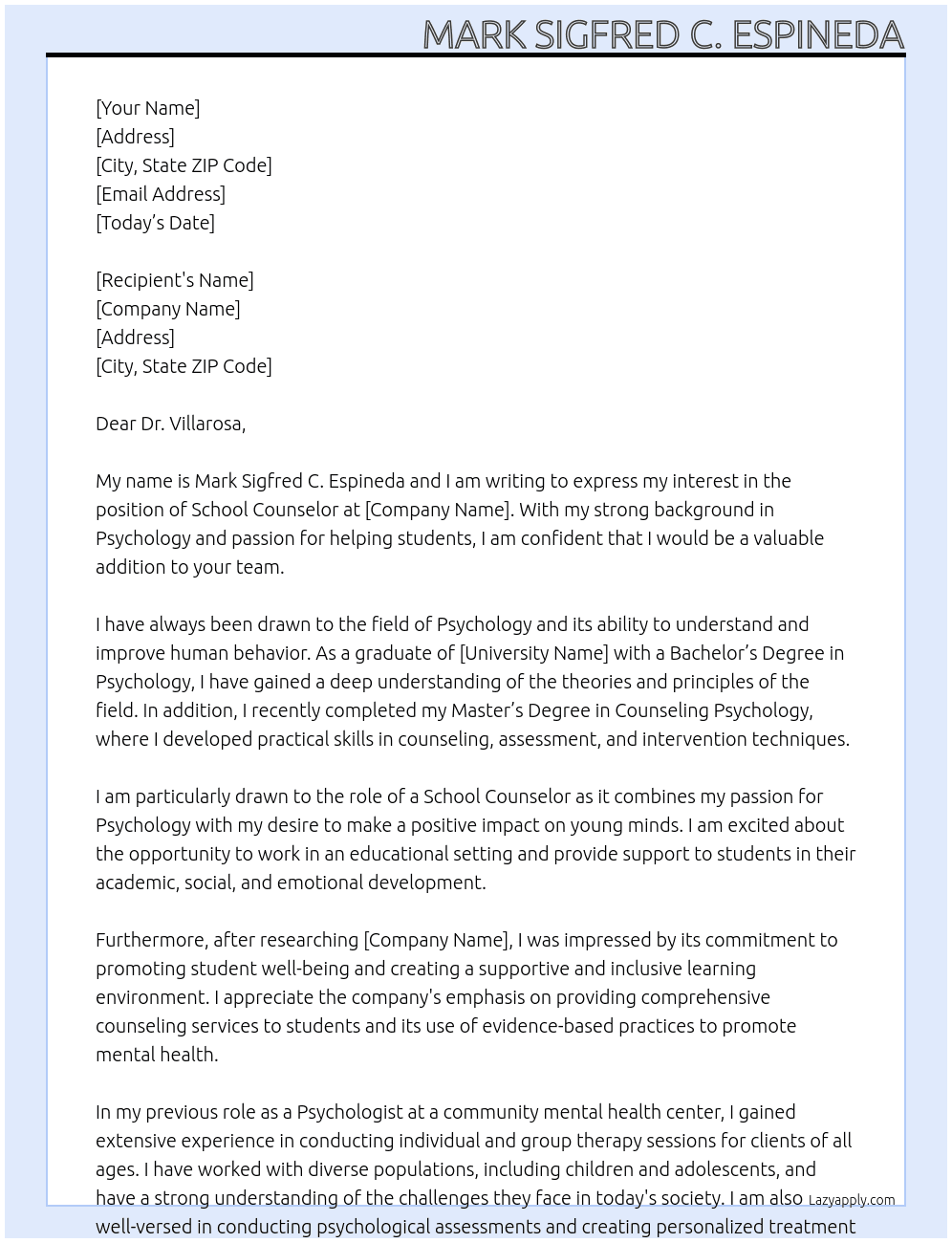 Psychologist At School Counselor Cover Letter