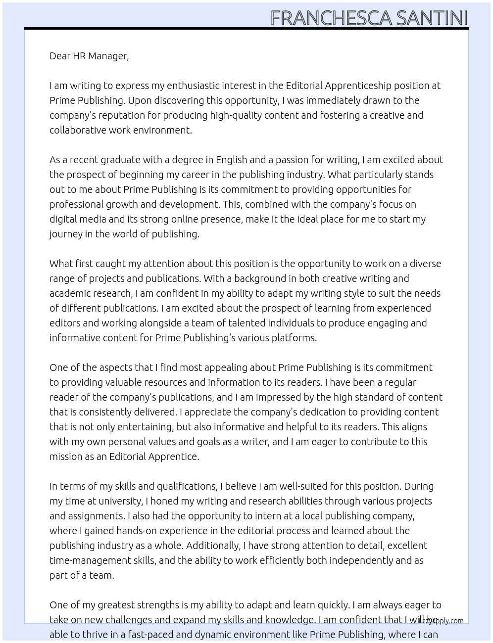 Editorial Apprenticeship  At Prime Publishing Cover Letter