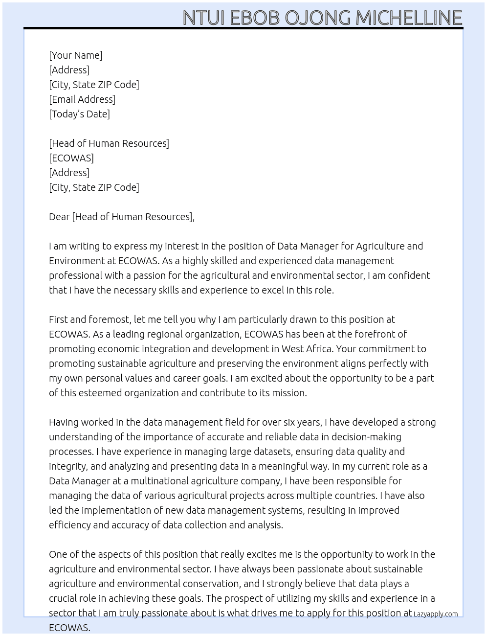 Data Manager for Agriculture and Environment  At ECOWAS  Cover Letter
