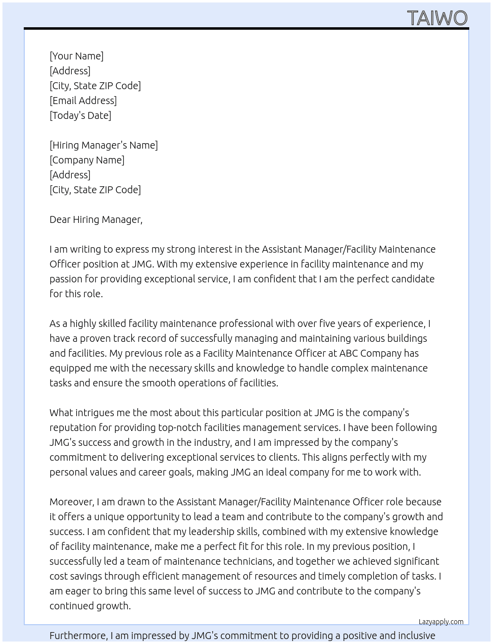 Assistant manager/facility maintenance officer At JMG Cover Letter