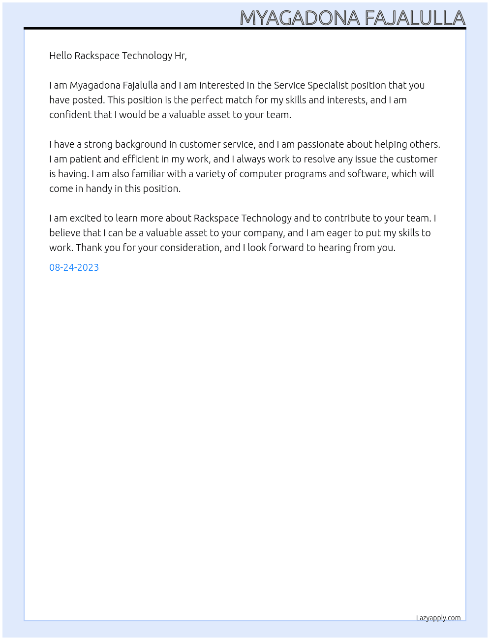 Service Specialist At Rackspace Technology Cover Letter
