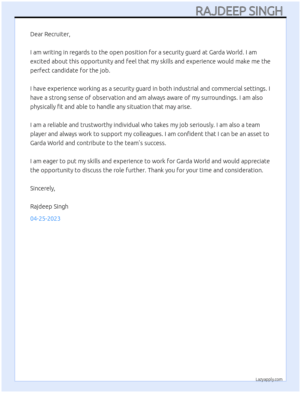 security guard , industrial At garda world Cover Letter