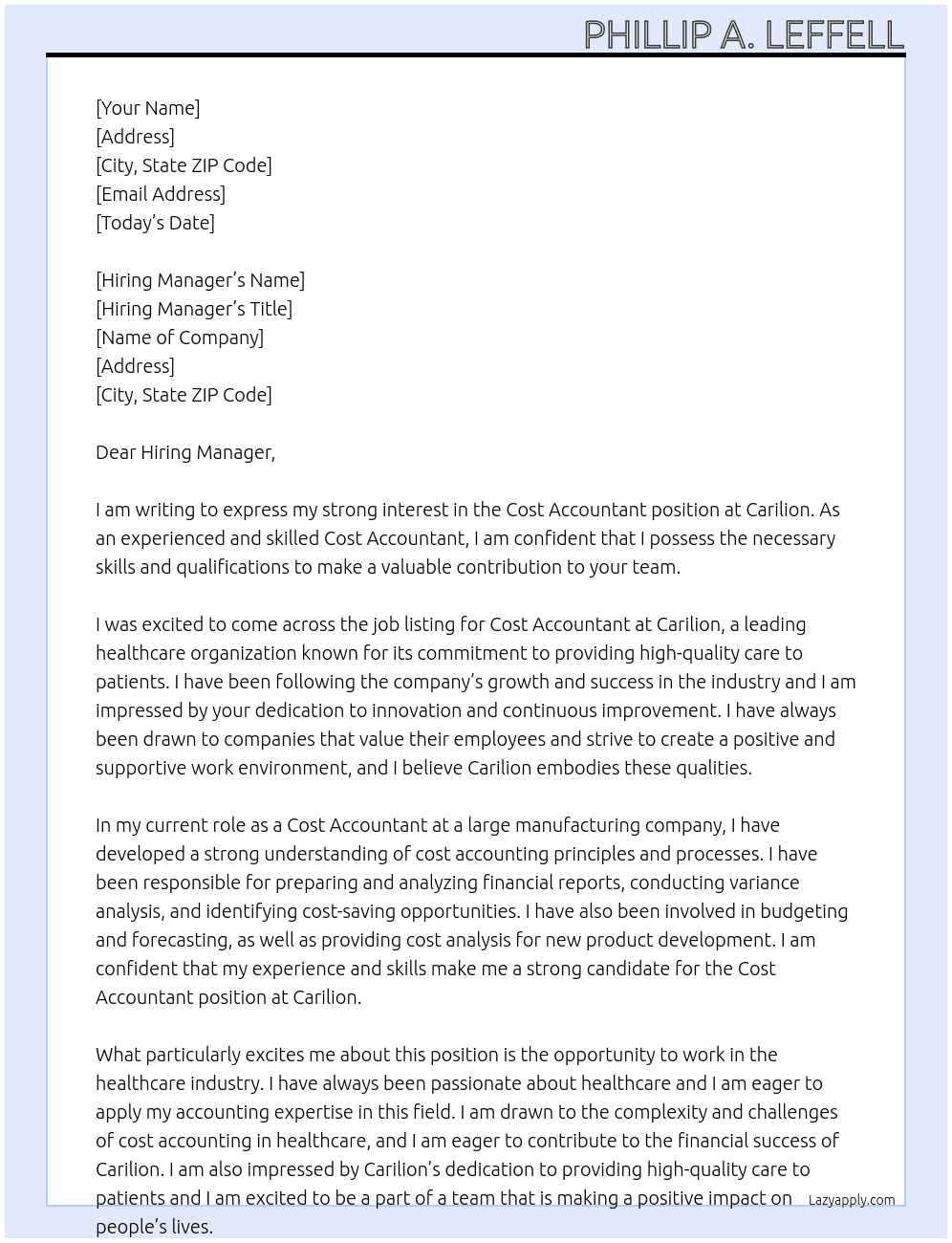 Cost Accountant At Carilion Cover Letter
