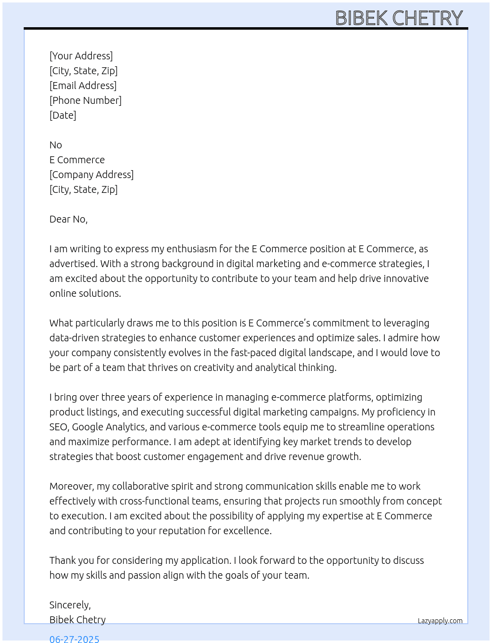 E commerce  At E commerce  Cover Letter