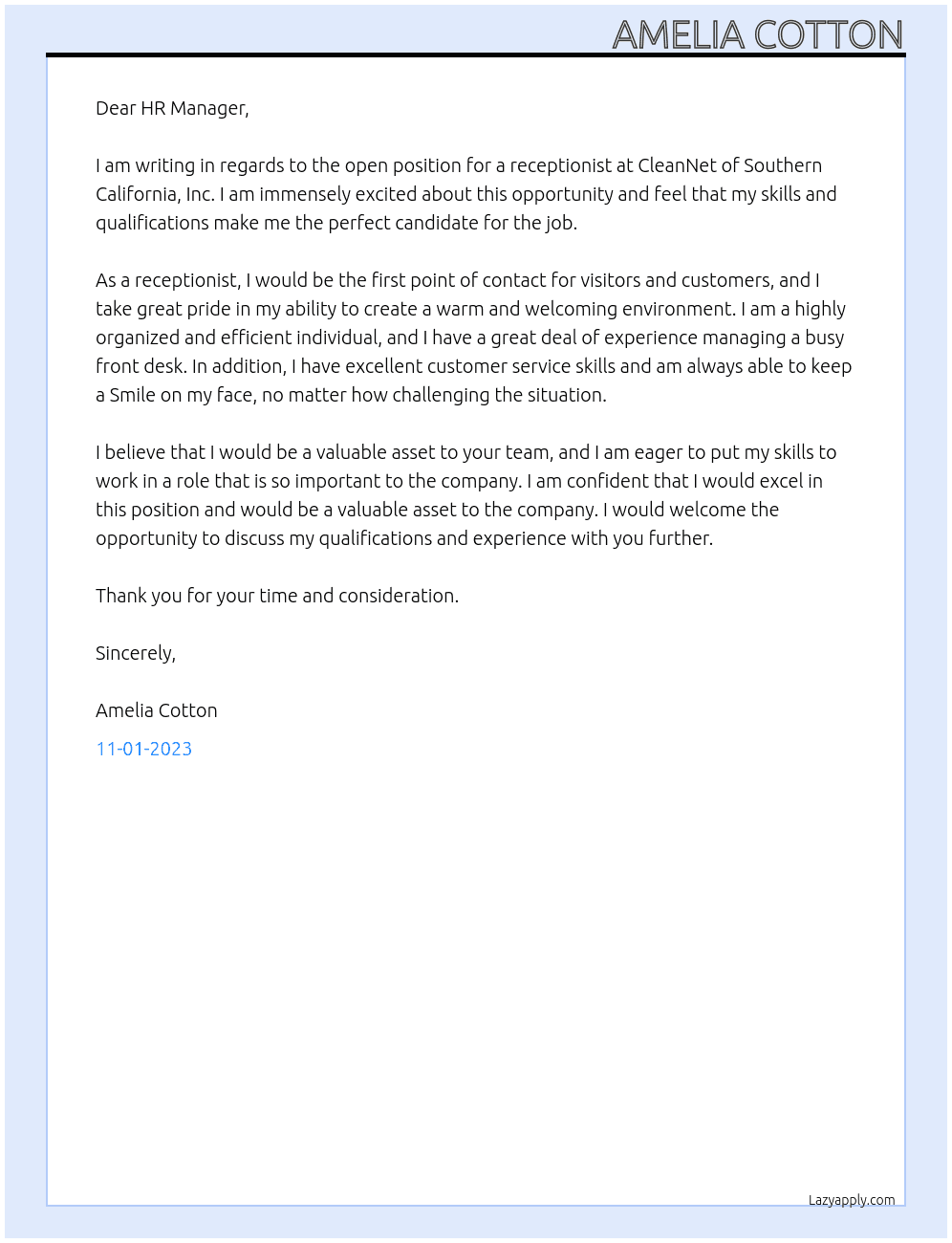Receptionist At CleanNet of Southern California, Inc. Cover Letter