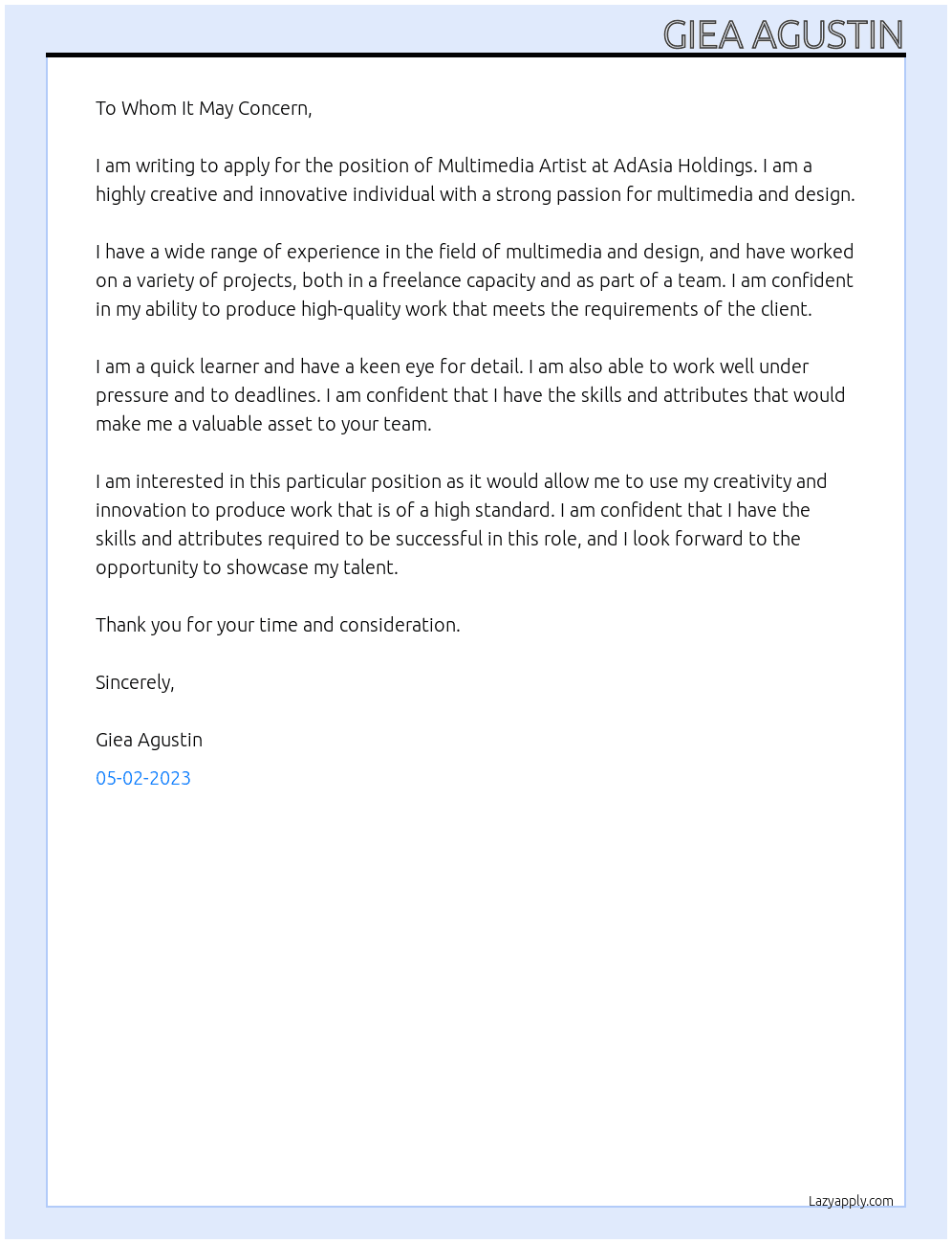 Multimedia Artist At AdAsia Holdings Cover Letter