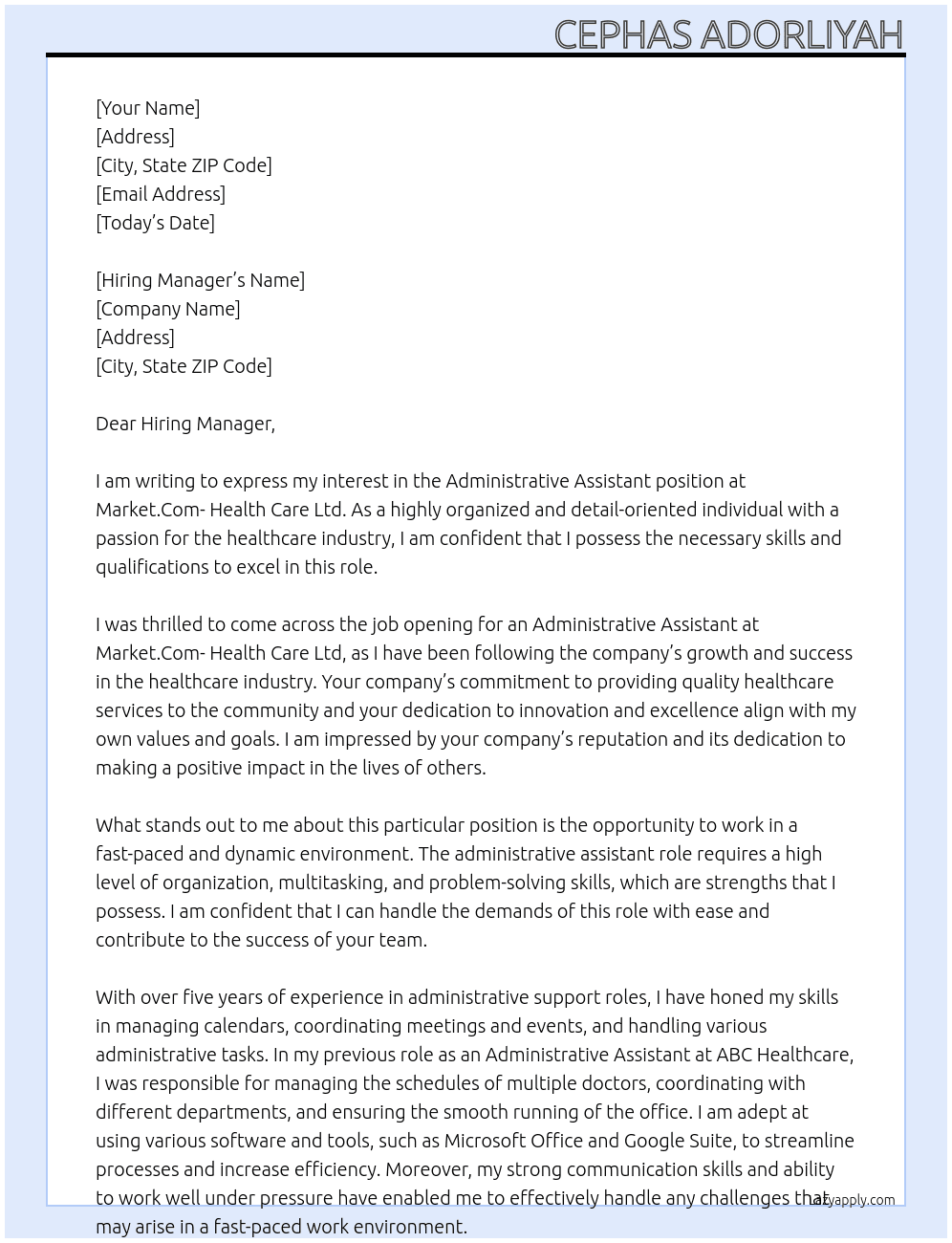 Administrative Assistant At Market.Com- Health Care Ltd Cover Letter