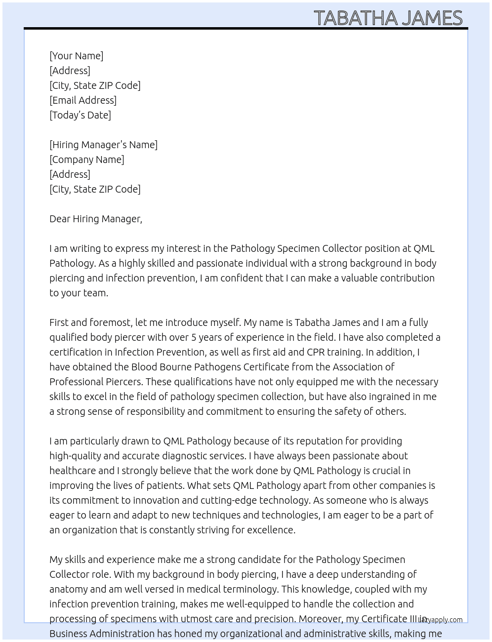 Pathology Specimen Collector At QML Pathology  Cover Letter