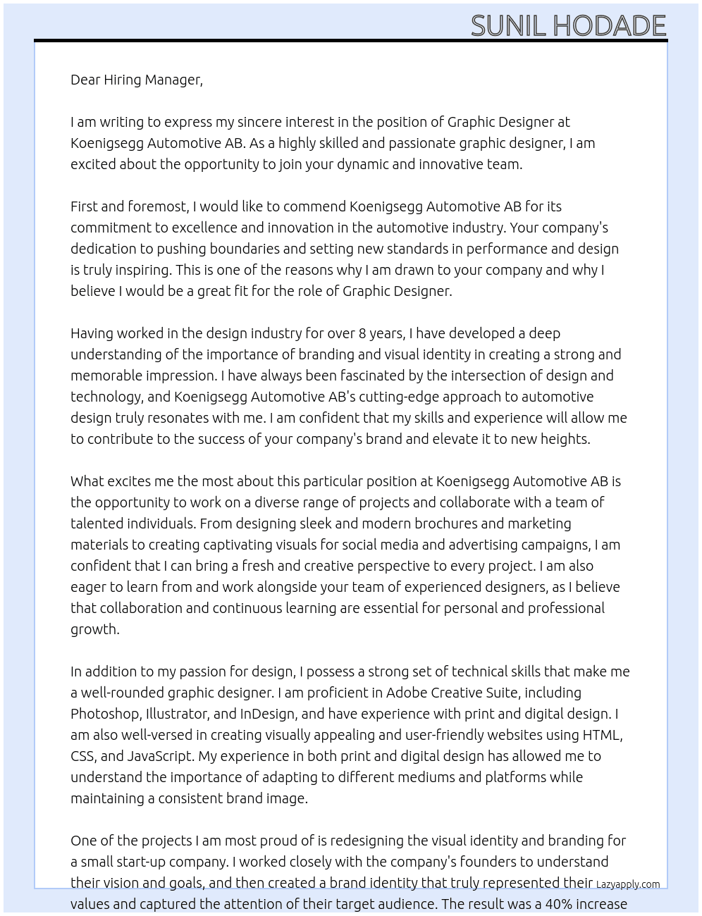 Graphic Designer At Koenigsegg Automotive AB  Cover Letter