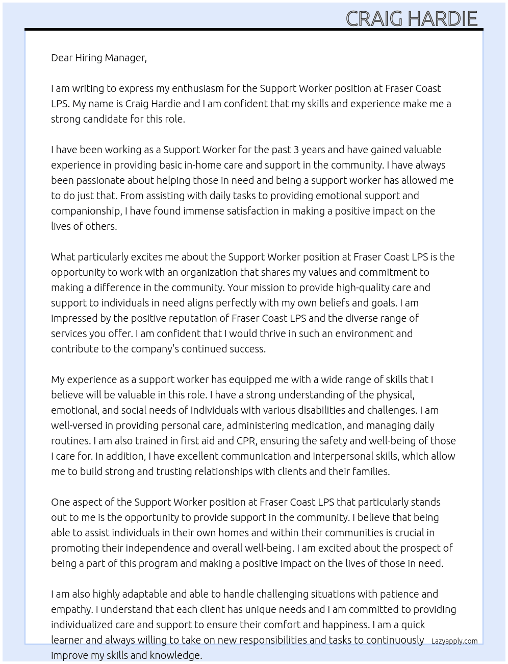 Support worker  At Fraser coast Lps  Cover Letter