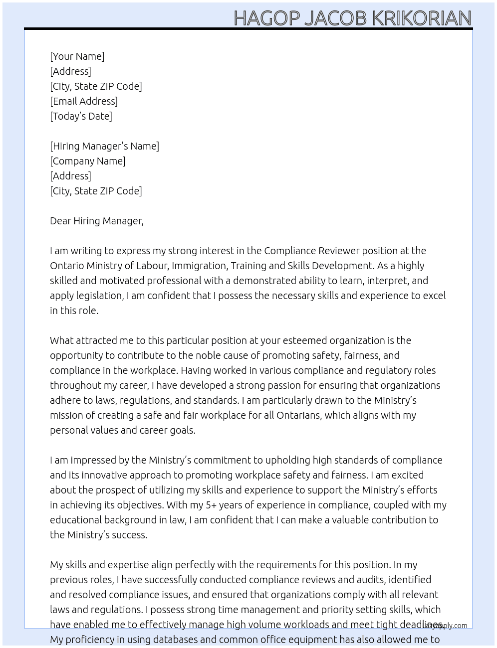 Compliance Reviewer At Ontario Ministry of Labour, Immigration, Training and Skills Development Cover Letter